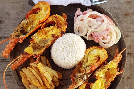 Grilled lobster with rice and fried plantains