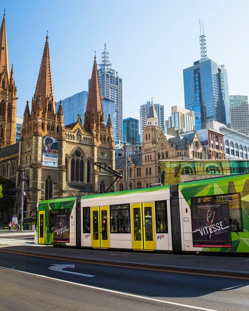 Tram in front of the cathedral in Melbourne