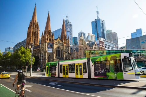 Tram in front of the cathedral in Melbourne