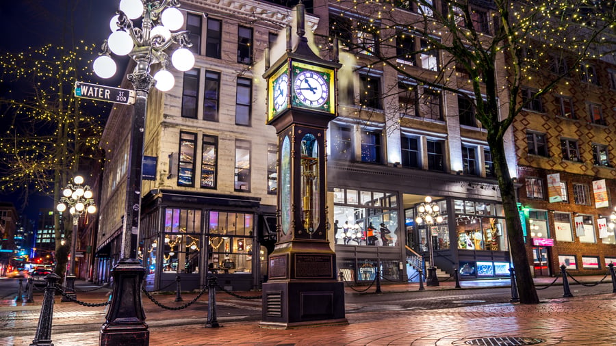 "Downtown" Vancouver med det ikoniske ur