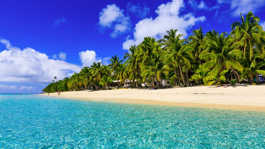 Palmklädd sandstrand på Dravuni på Fiji