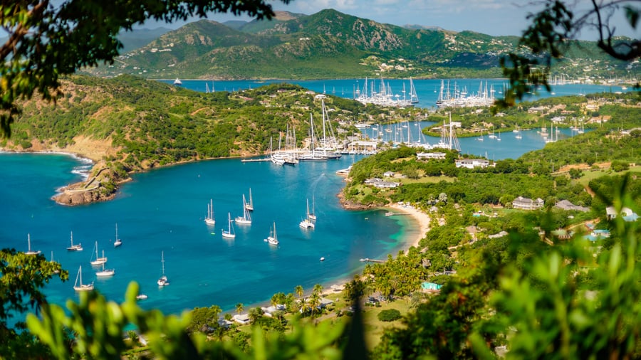 Blåt hav og grønne omgivelser i Antigua og Barbuda