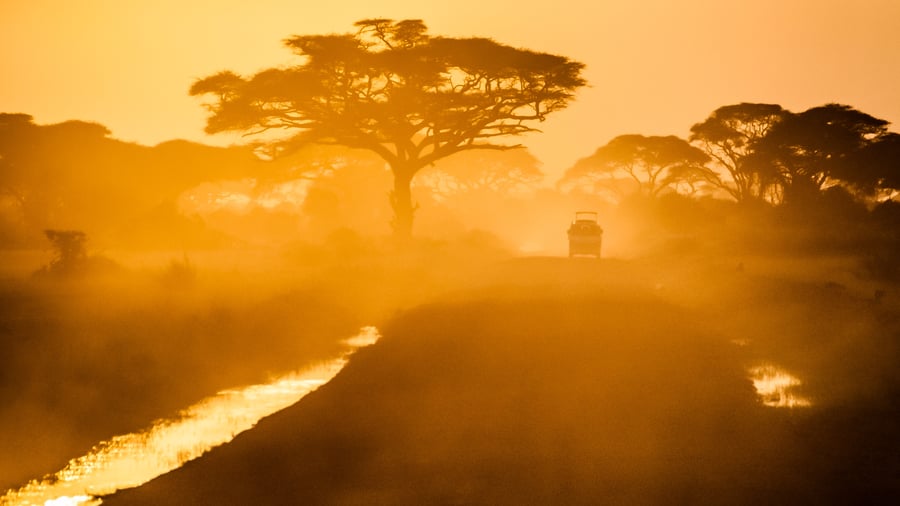 Solnedgang over den afrikanske savanne