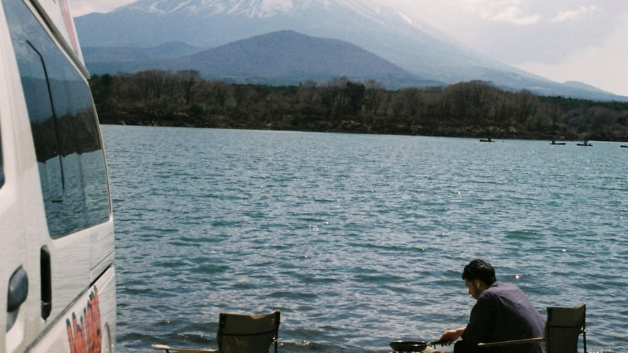 You can camp by Lake Motosu