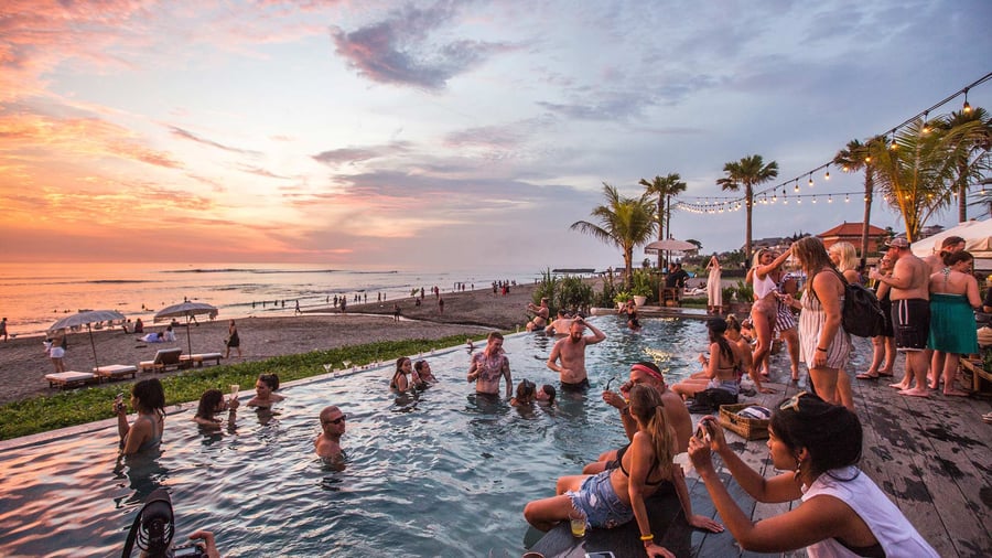 Large group watching the sunset on Canggu beach
