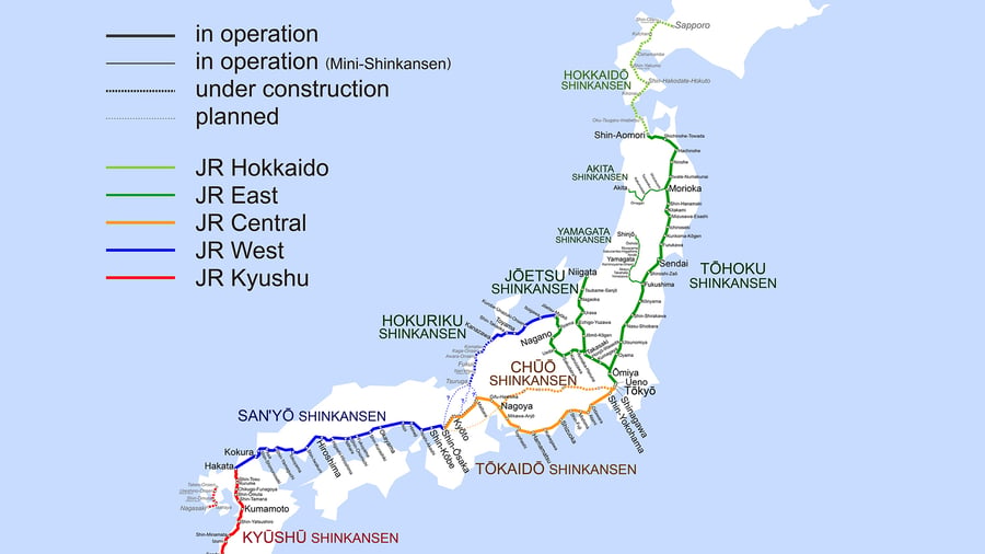 De routes van de Shinkansen