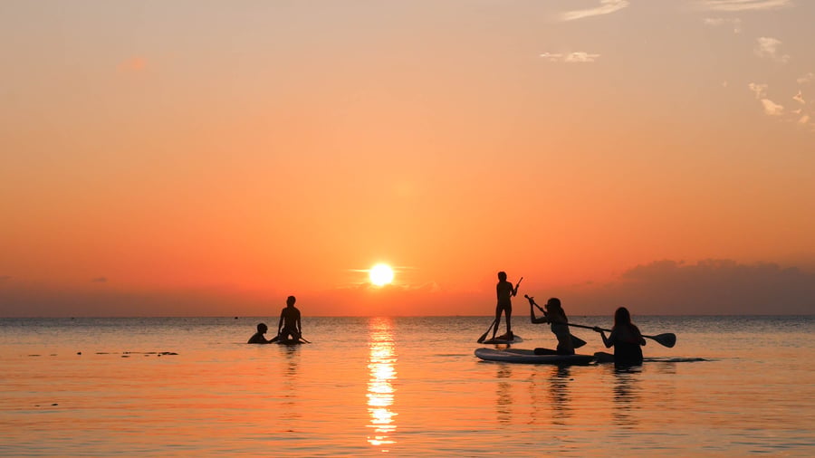 Friends enjoying the sunset on SUP boards