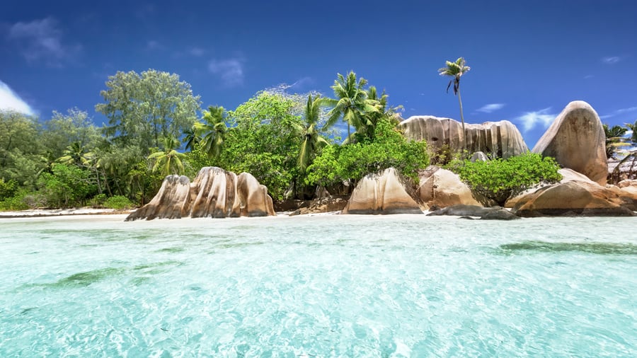 Ikoniska Anse Source d'Argent på La Digue