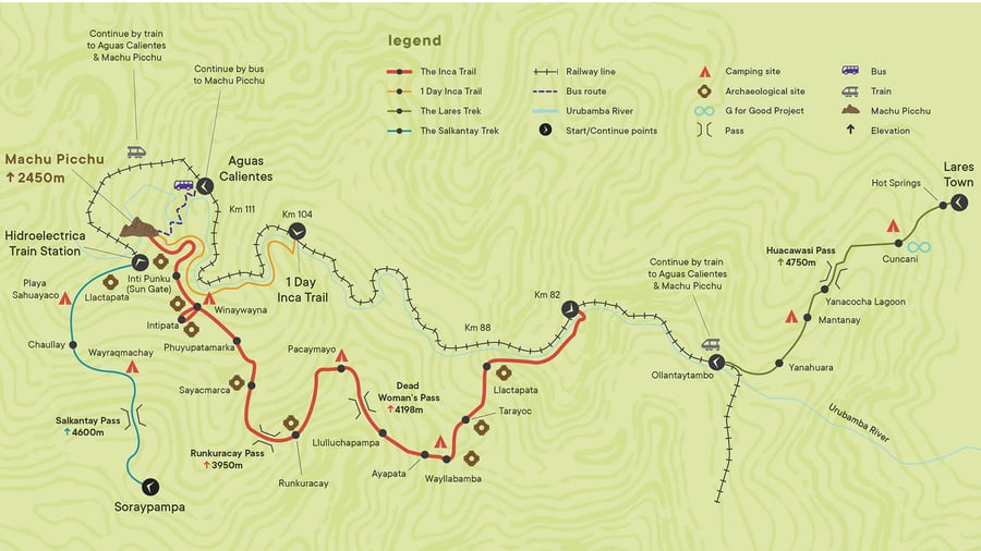 Kaart van de trektochten naar Machu Picchu