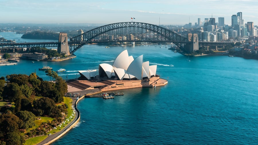 Sydney med operahuset og Harbour Bridge
