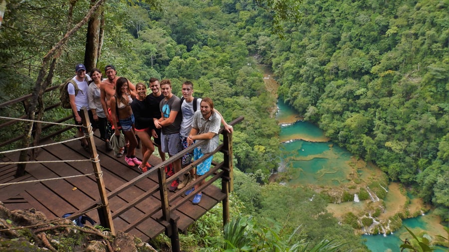  Group of travellers in Semuc Champey, Guatemala