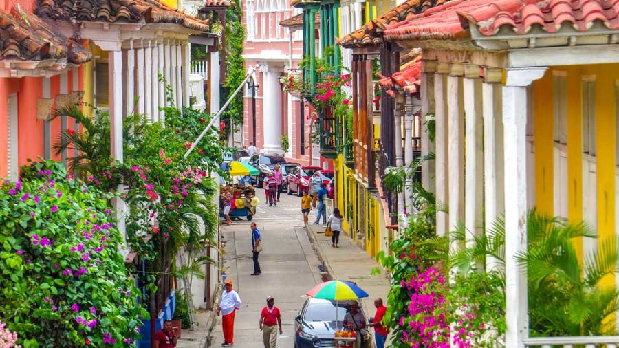 Colourful street in Cartagena, Colombia