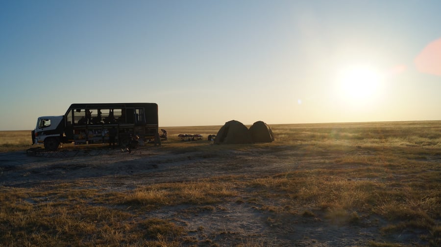 Overland truck in Botswana at sunset