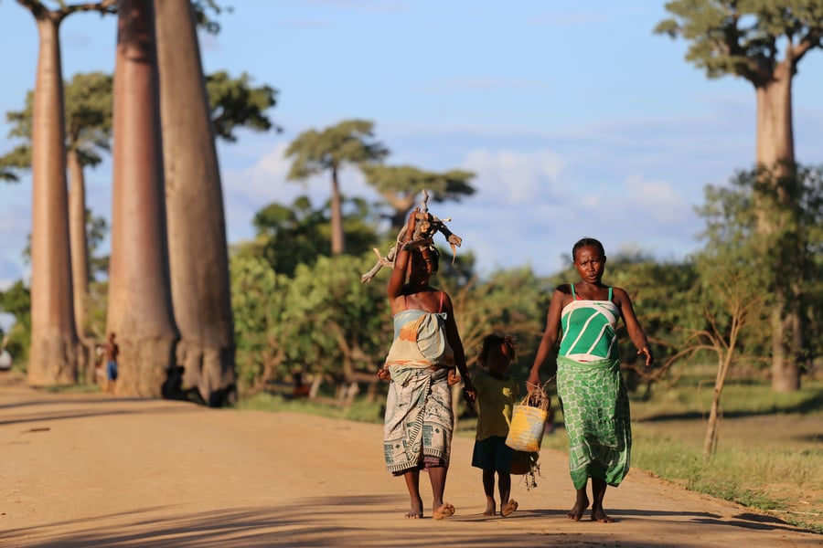 Family on a road on Madagascar.